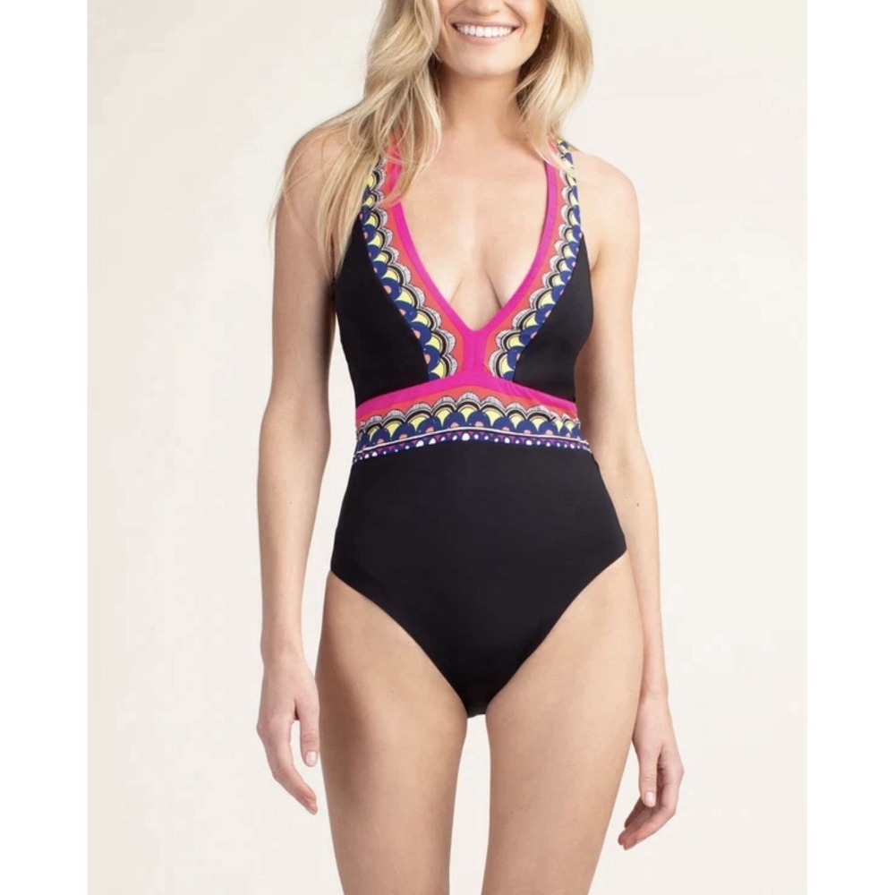 Trina Turk Tanzania Scarf Plunge One‎ Piece Swimsuit Black 22W Plus Size